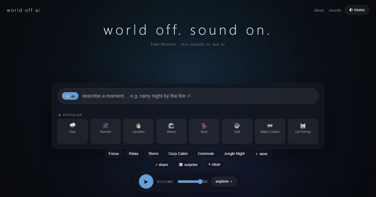 World Off AI mixer with individual ambient sound controls
